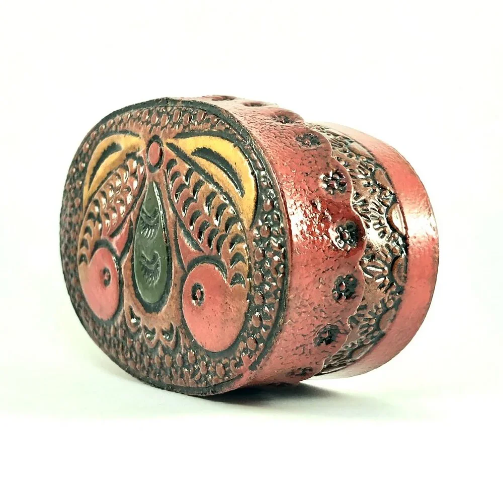 hand tooled leather trinket box butterfly moth folk art keepsake jewelry oval
